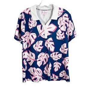 Lillie Green Blue Palm Leaf Print Short Sleeve Golf Polo Preppy‎ - Size Large